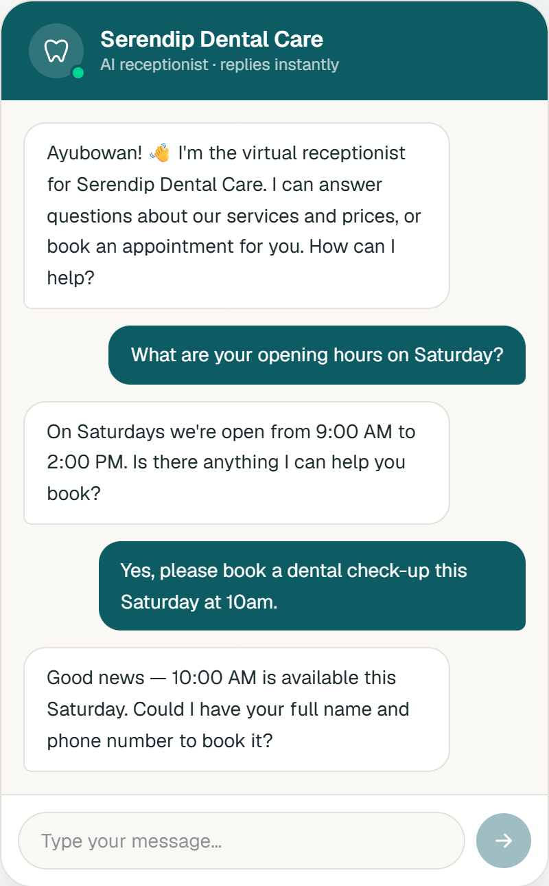 AI Front Desk assistant answering questions and booking a dental appointment in real time