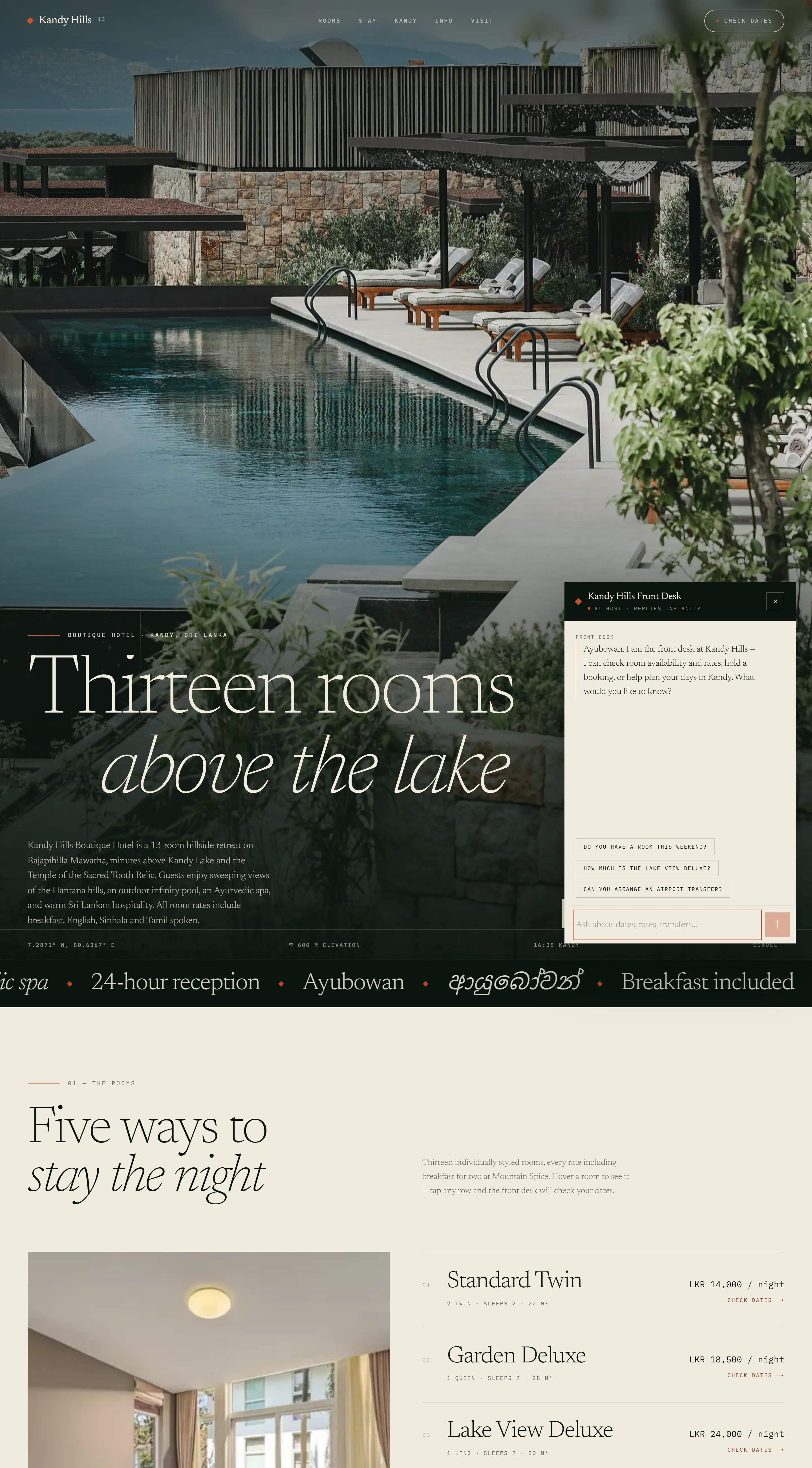 Kandy Hills Boutique Hotel website with an AI concierge chat open, answering room availability and booking questions